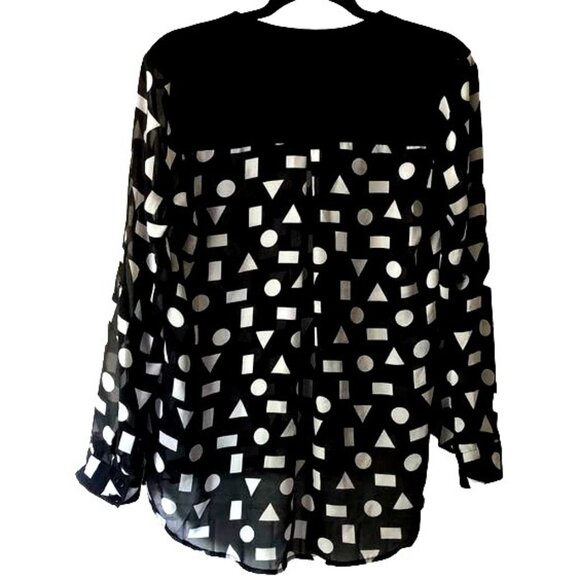Forever 21 Black & White Geometric Print Sheer Long Sleeve Blouse Size L - Picture 2 of 5